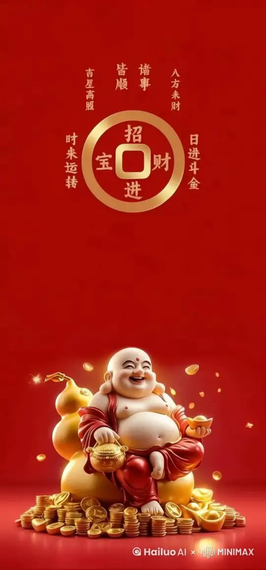 如来佛会笑，拿着葫芦摇晃，然后离开座位！方块空心出来钱币，爆发式撒出来 by Hailuo AI Video Generator