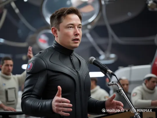 马斯克对着话筒在演讲，背景是火星基地的内部穿着宇航服的工作人员，电影级镜头，充满激情，手轻微的摆动 by Hailuo AI Video Generator