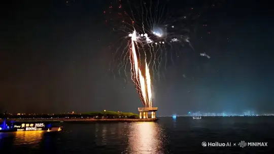 帮我生成一张图片：夜幕低垂，无垠的海面仿若一块巨大的墨玉，一枚巨型烟花如离弦之箭从海边高台迅猛升空，刹那间在高空炸开，璀璨的金色光辉如银河的倒泻，将海面映照得金光粼粼。五彩斑斓的烟花竞相绽放，有的如层层叠叠盛开的巨型繁花，粉色、紫色、蓝色相互交织，似梦幻花海倾覆苍穹；一组烟花似孔雀展屏，横跨天际，绿色如翠玉，红色若火焰，蓝色像宝石，每一根羽翎都散发着迷人光彩。海边的灯牌文字：Happy New Year2025, Bingbing，边缘柔光闪烁。比例 1:1。 by Hailuo AI Video Generator