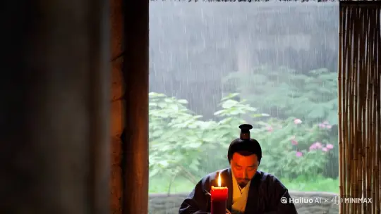 
场景：古代中国的房子，窗外下着雨，桌子上一根红烛，一位诗人正在写诗
镜头：从窗外缓慢推至窗户内，聚焦在有蜡烛的光的桌子上 by Hailuo AI Video Generator