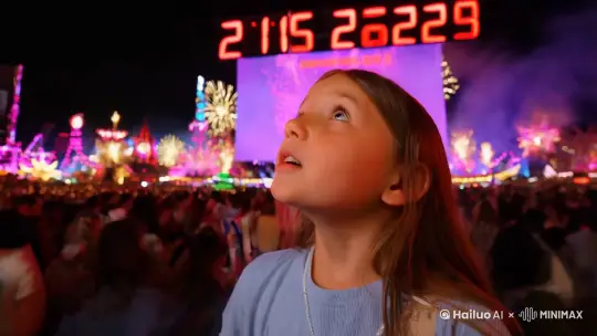 一个女孩，在2024年12月31日晚上的跨年演唱会的现场，对着大屏幕上的时钟开始倒计时，从10大声倒数喊道1，时钟敲响了午夜12点的钟声，跨入2025年的新年。 by Hailuo AI Video Generator