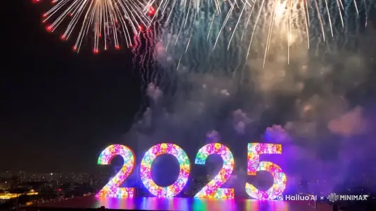 天空上方突然迸发出绚丽耀眼的烟花，出现数字：2025，霎时间天空被焰火照亮，营造出一种盛大浪漫、梦幻瑰丽的氛围。 by Hailuo AI Video Generator