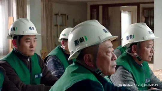 "A thoughtful, emotional scene featuring a group of construction workers wearing deep green vests and white helmets with the '研选家' logo. The camera slowly pans across their faces, capturing their calm and dedicated expressions, while they work diligently in a partially renovated home. Background: soft, muted tones to convey the understated nature of their work." by Hailuo AI Video Generator