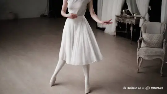 一个穿着裙子套着白丝的美女在跳舞 by Hailuo AI Video Generator