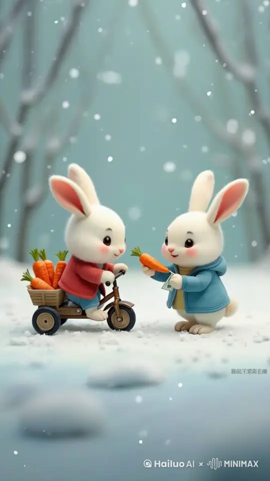 小白兔雪地给朋友送年货，胡萝卜，路遇另一只小白兔要买一只。在交流交涉。 by Hailuo AI Video Generator