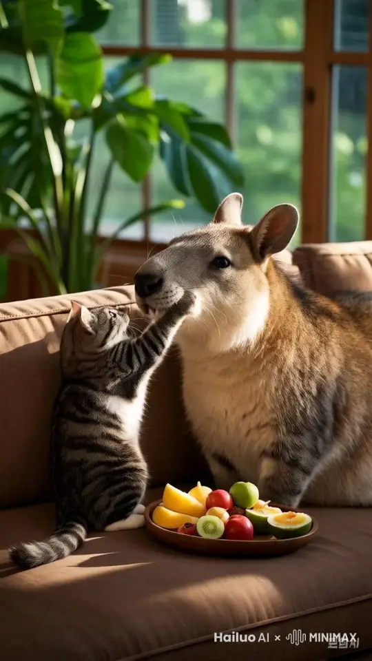 猫咪用爪子拍打卡皮巴拉，卡皮巴拉自顾自的吃着东西，一点都不生气，很享受的样子 by Hailuo AI Video Generator