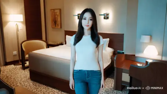 假设你是一个中国御姐型美女，我希望能看见你上身穿T恤，下身牛仔裤，长发披肩，姿态站立，眉目传情的看着我，镜头由远到近，要拍到全身，周围的环境是在酒店的房间里。 by Hailuo AI Video Generator