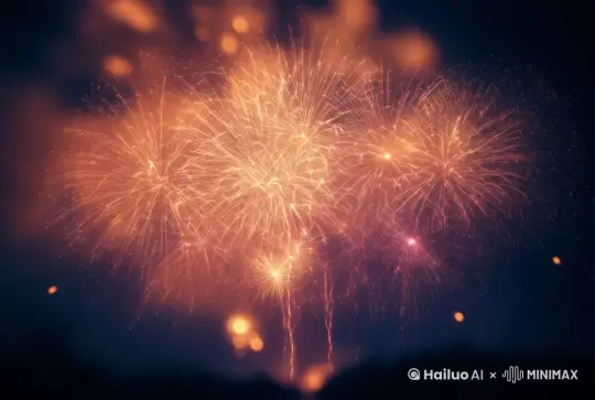 天空上方突然迸发出绚丽耀眼的烟花，霎时间天空被焰火照亮，营造出一种盛大浪漫、梦幻瑰丽的氛围。 by Hailuo AI Video Generator