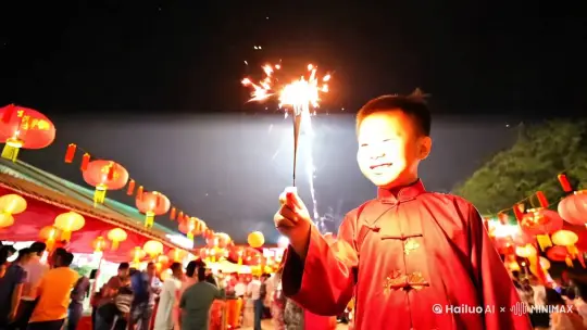 中国新年到了中国小男孩点燃烟花，烟花冲向遥远的夜空后爆炸，绽放出美丽的祝福，小男孩幸福开心的大笑 by Hailuo AI Video Generator