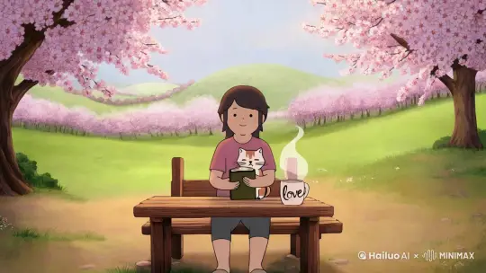 一幅治愈系的卡通视频，展现了一个人坐在樱花树下长椅上，手捧一本书伤心的样子，身旁桌上有杯写着爱字样的咖啡，，身旁有一只可爱的小猫咪蜷缩着，背景是柔和的春日风景，开满鲜花的小丘陵和温暖的阳光，整个画面充满温馨和希望，营造出一种舒适的氛围。 by Hailuo AI Video Generator