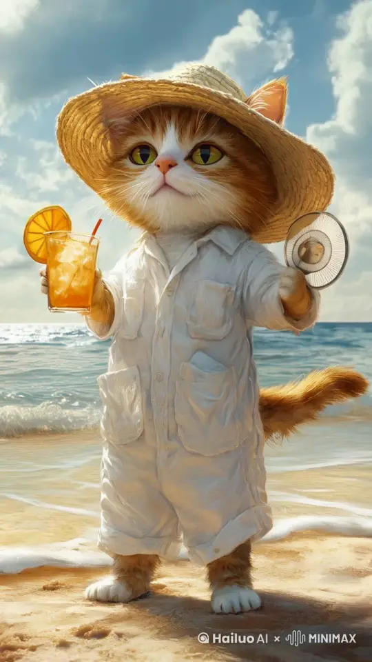 可爱拟人猫咪站在阳光明媚的沙滩上，穿着轻薄的白色亚麻衬衫，戴着宽檐遮阳帽，一手拿着带橙片的冰饮喝了一口，另一手拿着小扇子，猫咪表情满足又带一丝克制，背景是平静的夏日海洋和金色沙滩海水拍打着沙滩，天空白云缓缓飘动着 by Hailuo AI Video Generator