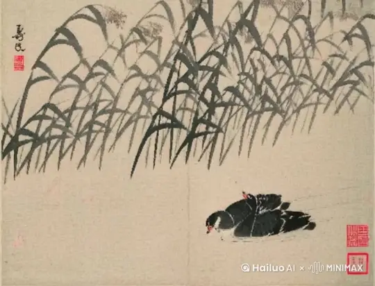 两只鹅向前游动，脖子偶尔伸入水中 by Hailuo AI Video Generator