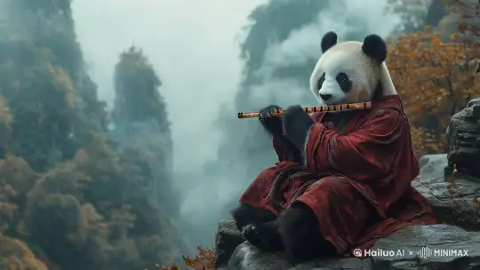 熊猫在吹笛子，镜头慢慢环绕拍摄，群山环绕，烟雾缭绕，人间仙境 by Hailuo AI Video Generator