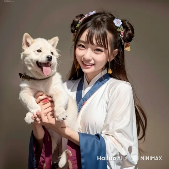 一个抱着小狗玩的汉服女孩子 by Hailuo AI Video Generator