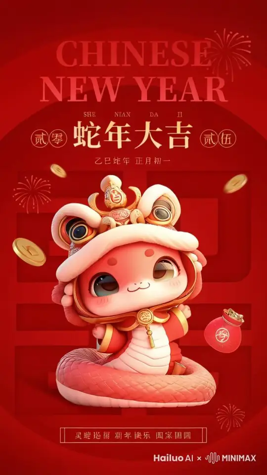 让这只蛇宝宝跳舞扮可爱，最后说出2025新年快乐！ by Hailuo AI Video Generator