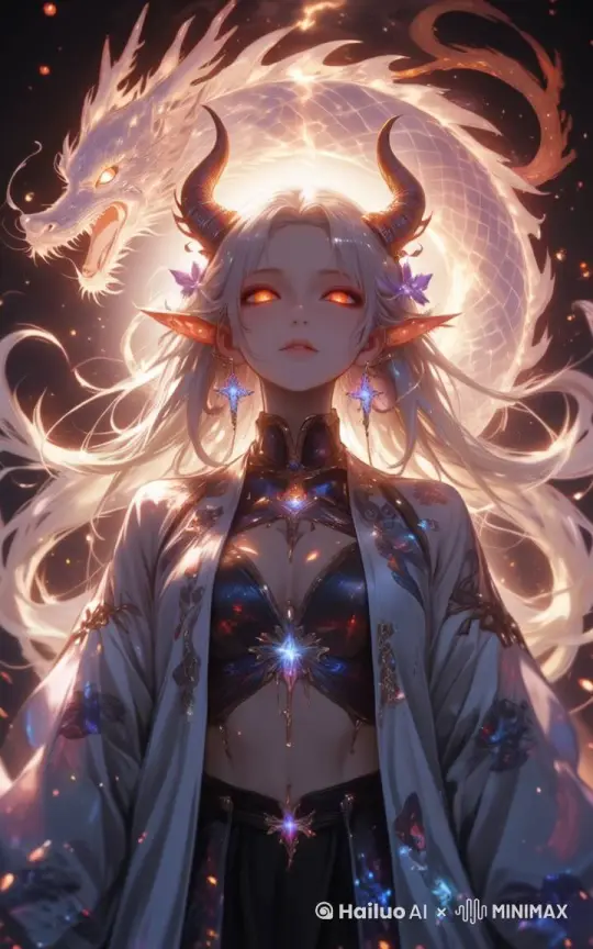 女孩眨眼，头发飘动，衣服飘动，背景里的龙形图案缓慢流动 by Hailuo AI Video Generator