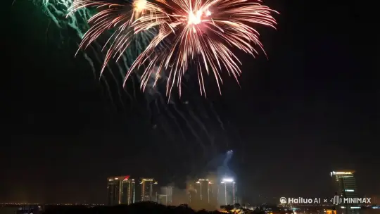 有许多的烟花在天空中爆炸，像2025新年快乐的字 by Hailuo AI Video Generator