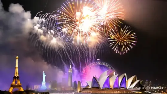 2025新年烟花 要配上全球各地主要地标的剪影 给人的感觉就是这些地标跨年的烟花大集合 by Hailuo AI Video Generator