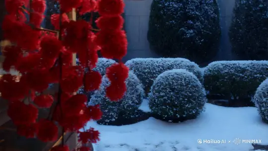 寒冬腊月，在美丽的庭院之中雪花纷飞，红色的腊梅在空气中摇摆，镜头缓慢切换，透过贴窗花的玻璃窗户，可以看到室内桌上摆满了丰富的热气腾腾的年夜饭，蒸汽弥漫，一家老小围坐在一起，欢声笑语，举杯庆祝春节，摄像机以缓慢推进方式进入室内，铺着每个人脸上的笑容和桌上的佳肴，营造出温馨欢乐的氛围，灯光柔和喜庆。酿造出家的温暖，窗外雪花飘落于室内，欢声笑语形成鲜明对比。 by Hailuo AI Video Generator