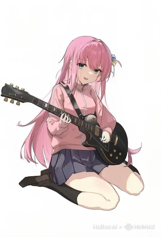 一个女孩正跪坐在地上弹奏吉普森的LP电吉他 by Hailuo AI Video Generator