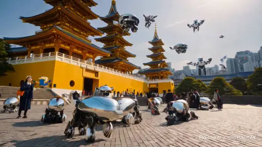 描绘一个2025年人机的世界，黄鹤楼背景，天上地面充满着各种各样的人型机器人、机器狗、蛋仔机器人、飞行机器人、比卡丘机器人……3D by Hailuo AI Video Generator