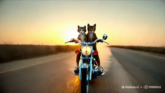 两只小猫骑摩托车飞奔的 by Hailuo AI Video Generator