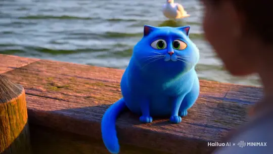 一只非常非常胖的蓝色猫在海边不停的说话 by Hailuo AI Video Generator