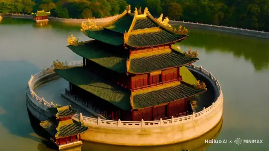 This painting showcases a magnificent pavilion situated on a serene body of water, featuring classical Chinese architectural design. At the center of the image is a multi-story pavilion with intricate details, crowned with green glazed tiles on its roofs and golden ornaments adorning the eaves. The structure exudes grandeur and elegance. The main building is encircled by a round, high wall, outside of which lies a tranquil lake that reflects the pavilion and the surrounding scenery, enhancing the symmetry and peaceful atmosphere. Several smaller pavilions are situated around the main structure, creating a harmonious ensemble that highlights the precision and symmetry characteristic of traditional Chinese architecture. The morning sunlight bathes the entire scene in golden hues, emphasizing the three-dimensionality of the structure and evoking a sense of warmth and solemnity. The background features lush greenery, complementing the pavilion and symbolizing harmony between humanity and nature. by Hailuo AI Video Generator