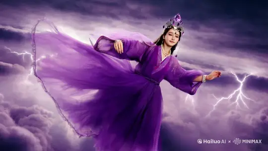 在苍茫的云海之上，一位古代仙美女翩然飞行。她身姿轻盈，如一片羽毛般在云端旋转，四周是漫无边际的紫色云朵，层层叠叠，仿佛一片梦幻之境。雷电在她身边闪烁，电闪雷鸣，却无法惊扰她的宁静与优雅。她的仙衣由薄如蝉翼的纱与光滑如水的丝绸织就，衣袂飘飘，紫色纱衣在风中舞动，如同一朵盛开的紫霞花。衣袖宽大，随着她的动作在空中划出优美的弧线，袖口与裙摆处用银色丝线绣着古老的符文，闪烁着神秘的光芒。她的紫水晶冠冕在雷电的照耀下熠熠生辉，中央那颗硕大的紫水晶仿佛凝聚了天地间的灵气，随着她的飞行微微颤动。冠冕周围点缀着几串珍珠发饰，珍珠在光线的照射下散发出柔和的光芒，如同流动的月光在她发间流淌。她的耳垂上佩戴着紫晶耳坠，水滴形的紫水晶在空中划出优雅的弧线，紫色的光芒与雷电交相辉映。耳坠的链条在风中微微颤动，发出清脆的叮当声，仿佛是仙乐的低音伴奏。她的颈间佩戴着银链紫晶项链，紫水晶吊坠在她每一次呼吸时微微颤动，紫色的光芒在雷电的映衬下闪烁不定。项链下方还有几串珍珠项链，珍珠相互碰撞，发出轻柔的沙沙声，如同海浪在耳边轻拍。她的手腕上佩戴着银镯紫晶手镯，手镯上的紫水晶在她每一次挥手时闪烁不定，紫色的光芒与她的动作完美契合。手镯在她的手腕上轻轻滑动，发出细微的金属碰撞声，仿佛是仙乐的和声。她的手指上佩戴着符文戒指，戒指上的古老符文在她每一次动作时微微颤动，仿佛在低语着古老的咒语。符文在光线的照射下散发出神秘的光芒，仿佛在诉说着古老的故事。仙美女在云端飞行、旋转，四周是紫色的云海和雷电，电闪雷鸣，仙气飘飘。她的每一个动作都优雅而从容，仿佛与天地融为一体。她的首饰在光与电的交织中闪烁不定，为她增添了一丝神秘与高贵。 by Hailuo AI Video Generator