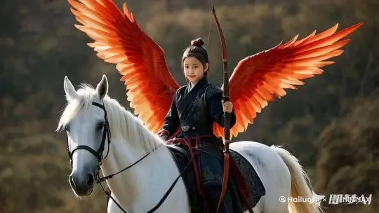 马在奔驰，翅膀在扇动，女孩射出去一枚箭 by Hailuo AI Video Generator