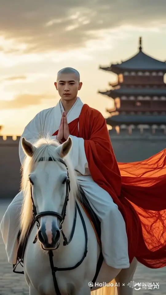 一个和尚骑着一匹白马向着镜头走来，镜头跟拍，镜头拉近，8K，8K，超高清，游戏画面，极致细节 by Hailuo AI Video Generator
