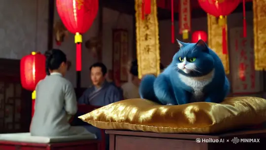 一个蓝色的胖猫在做新年祝福 by Hailuo AI Video Generator