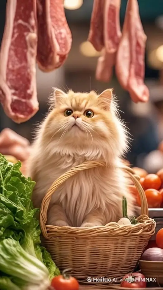 猫伸出双手接过一块牛排肉，肉大小适中，猫把肉放进菜篮里 by Hailuo AI Video Generator