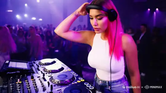 一个女性DJ，网络主播，绝美五官，身姿丰腴，丰满挺翘，硕大BigBoobs，天鹅颈，小脸，绝美容颜，粉色长发，自信表情，站立姿势，身穿白色紧身背心和牛仔裤，佩戴黑色耳机。她的一只手放在耳机上，另一只手做出手势，在她的面前是调音台，她一边跳舞，一边调音，一边与镜头前的与观众互动。柔和的舞台灯光从多个方向照射，营造出梦幻般的光影效果。背景是热闹非凡的夜店舞池，人群在闪烁的灯光下尽情跳舞，气氛热烈而充满活力。中央构图将观众的目光聚焦在DJ身上，正面视角捕捉到她的上半身以及部分热情洋溢的人群。使用中景镜头，写实风格，紫色和蓝色为主的色彩方案，增强了场景的真实感和氛围。 by Hailuo AI Video Generator