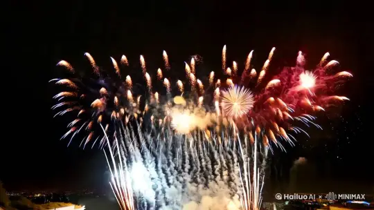 天空上方突然进发出绚丽耀眼的烟花，霎时间天空被焰火照亮，营造出一种盛大浪漫、梦幻瑰丽的氛围，烟花逐渐形成了2025四个数字 by Hailuo AI Video Generator