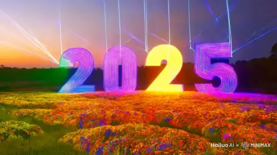 地面上繁花似锦，镭射激光在空中刻出数字“2025”，数字”2025“放射出炫丽的荧光，流动的色彩，主题是新年好。 by Hailuo AI Video Generator