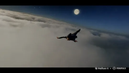 快速高空跟踪镜头移动，无人机视角，一个超现实的高速梦境序列，一个穿兜帽衫的小男孩俯卧姿势向前飞行，轻松地在云层之间滑行，身体完全伸展，双臂向两侧伸展，双腿略微分开，头部向前，捕捉平滑水平飞行的感觉。衣服随风摇摆，相机从略高位置的俯视角度紧密跟踪从左后方向右后方移动，保持对俯卧姿势的持续视角，随着角色迅速穿越场景。环境是动态的，快速变化，下面有云层，不断往后掠过的白云，远处高悬的大月亮，四周是闪耀的星空，运动模糊和光迹增强了速度感和流畅性。快速移动。 by Hailuo AI Video Generator