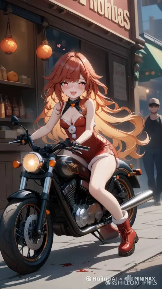 红发少女骑着摩托车在道路上飞驰，两旁的店铺和行人飞快倒退，镜头从各个角度旋转拍摄 by Hailuo AI Video Generator