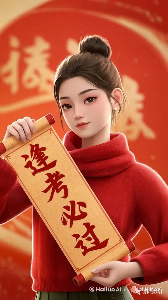 让女子把手中的春联卷起来 by Hailuo AI Video Generator