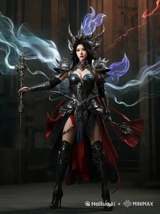图中女子身着华丽盔甲，手持武器，背后有光效，造型威武，背景神秘，画面稳定高清4K by Hailuo AI Video Generator