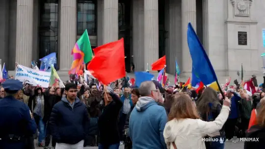 Citizens waved flags of various colors and gathered outside the gate of the city government building, while police communicated with citizens outside the building by Hailuo AI Video Generator