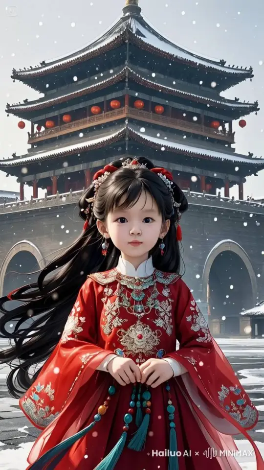 小女孩举起红色条幅上面写着新年快乐 by Hailuo AI Video Generator