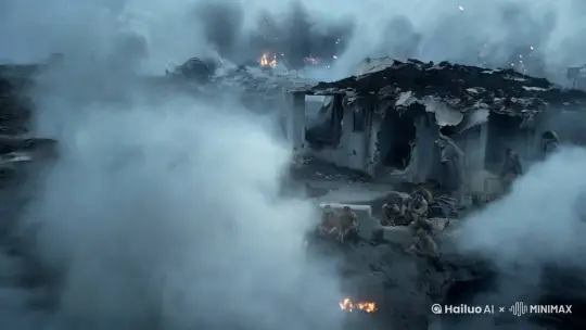 
镜头1：战前准备
时长：0:00 - 0:15
景别：全景
画面：硝烟弥漫的战场上，一片混乱。主角所在的部队在一座被炸得千疮百孔的废弃建筑后短暂休整。士兵们的脸上满是疲惫与坚毅，身上的军装破破烂烂，沾满了泥土和血迹。主角，一名年轻而坚毅的军官，眼睛紧紧盯着前方敌人的阵地，手中紧紧握着一把冲锋枪，他的目光中透着决绝  by Hailuo AI Video Generator