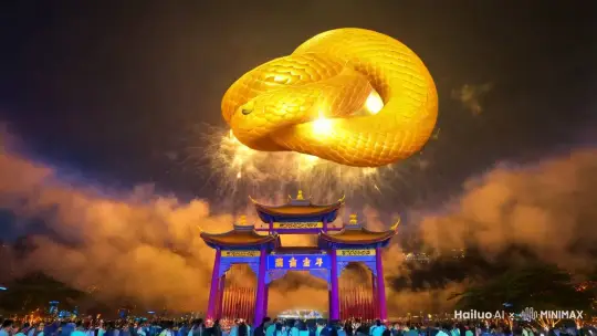 苏州中心东方之门的奇幻蛇年
 
在苏州中心，那宏伟的东方之门上方，天空中云层翻涌。突然，一道耀眼金光乍现，一条金碧辉煌的大蛇从云端呼啸而来。它的鳞片熠熠生辉，仿佛由纯金打造，眼睛如宝石般璀璨夺目。
 
大蛇盘旋在东方之门上空，似在向大地播撒着新年的祝福。此时，天空烟花绚烂绽放，五彩斑斓的光芒照亮了整个天际。烟花如流星般划过，绽放出2025，蛇年大吉，万事顺遂等各种美丽的图案，仿佛在为蛇年的到来欢呼喝彩。
 
福光笼罩大地，人们仰望天空，脸上洋溢着喜悦与憧憬。在这美好的时刻，让我们共同迎接 2025 蛇年大吉，愿新的一年充满希望、幸福与成功。 by Hailuo AI Video Generator