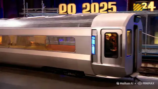 时空列车到达2025年，2025年站台的屏蔽门开了，是这种长方形的岛式站台，站台用假蛇装饰，通往2026年的铁轨还在修，每一站都都有新年快乐这四个大字，祝大家2025年新年快乐 by Hailuo AI Video Generator