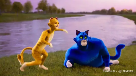 黄色瘦猫人和，蓝色胖猫人在河边玩耍，天下将来，一群大汉堡把他们给压扁了 by Hailuo AI Video Generator