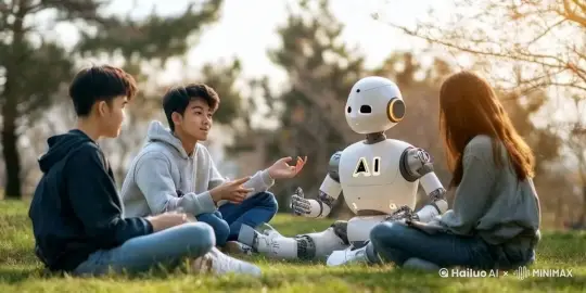 几位学生和AI机器人自由、开心的交流，天空中标注2025立体字，场景为动态立体 by Hailuo AI Video Generator