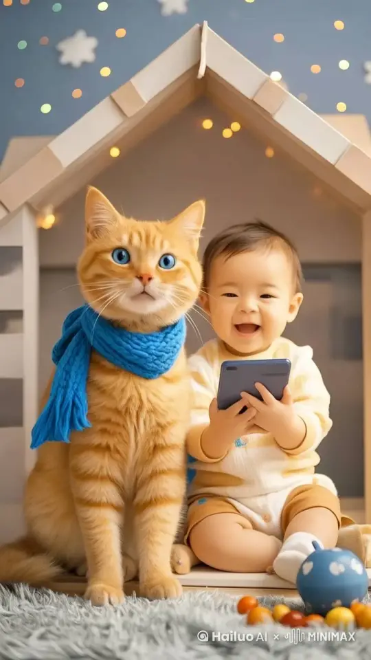 猫和宝宝拍手玩耍哈哈大笑， by Hailuo AI Video Generator