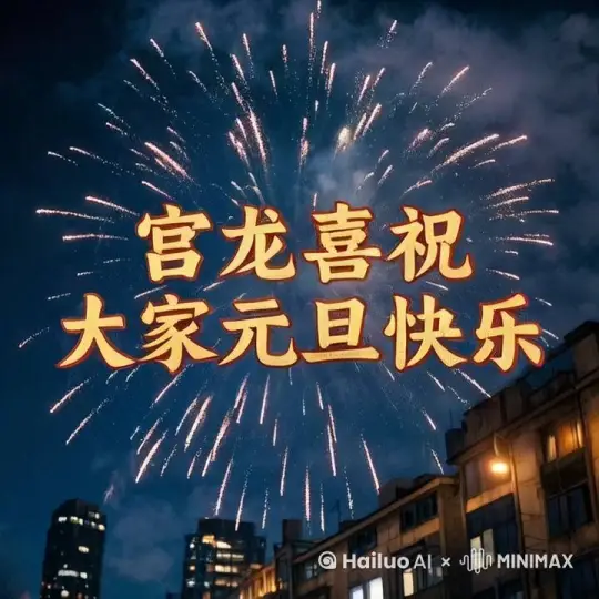 烟花绽放，烟花声响亮，祝福语飘动，有人声朗读祝福语 by Hailuo AI Video Generator