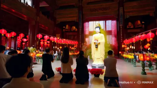 
 
- 场景：宏伟的寺庙大殿，元旦热闹的氛围。
- 观音菩萨：慈祥的面容，柔和的佛光，手持净瓶。
- 祈福者：虔诚的表情，合十的双手，跪拜的姿态。
- 装饰：喜庆的红灯笼，五彩的经幡，鲜花供品。
- 烛光：明亮的烛光闪烁，营造出神圣的氛围。
- 音效：悠扬的梵音，钟声回荡。
- 细节：菩萨身上的衣饰纹理，佛光的光晕效果。 by Hailuo AI Video Generator